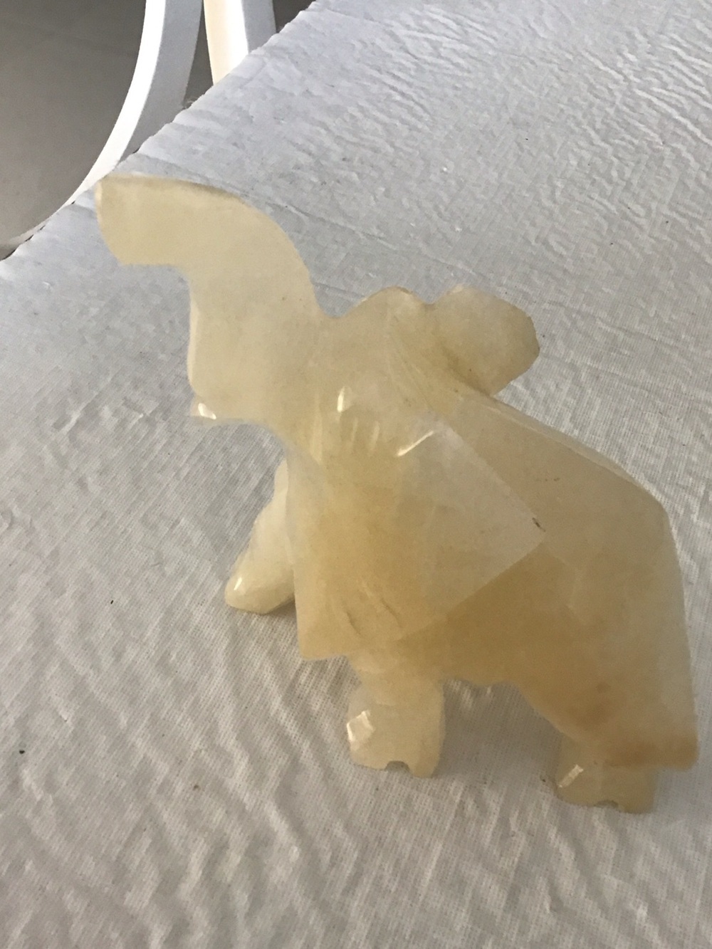 Hand-Carved Alabaster Stone Elephant Sculpture with trunk up for luck. #53